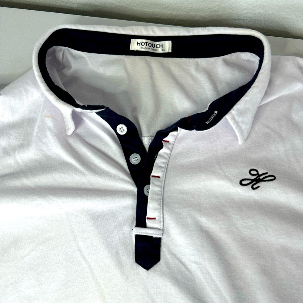 Men’s XL polo shirt 1/4 button short sleeve collared white navy blue Hotouch